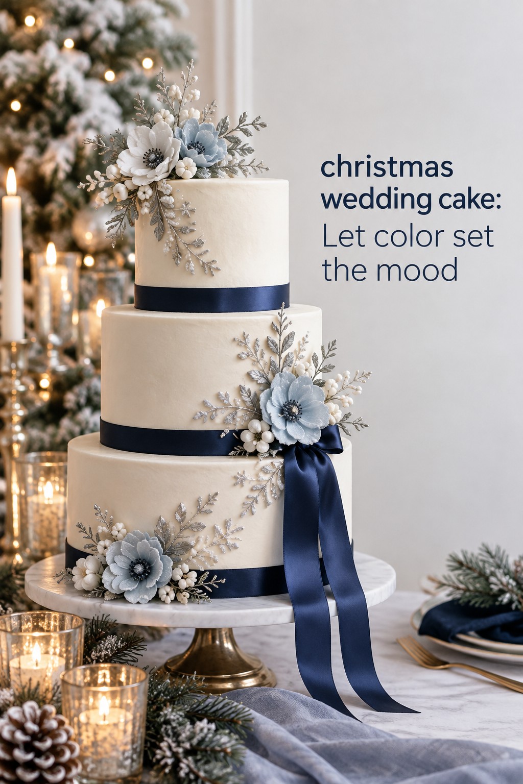 christmas wedding cake in navy, ivory, and gold winter styling