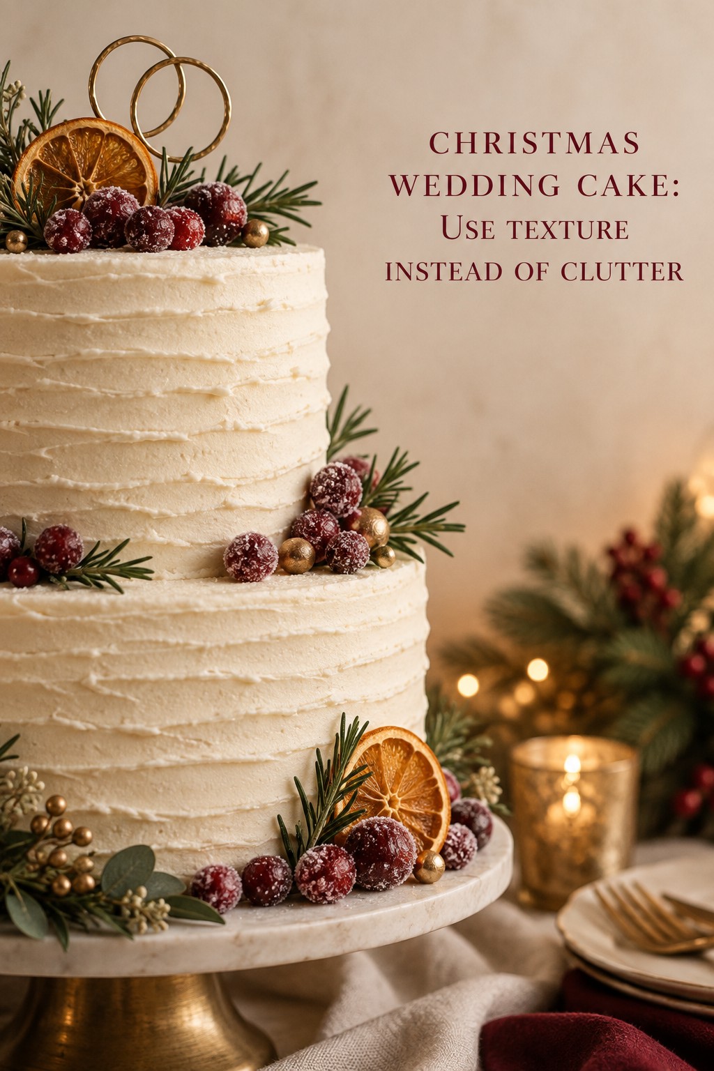 christmas wedding cake with textured buttercream and sugared berries