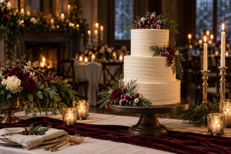 christmas wedding cake on a candlelit winter reception table