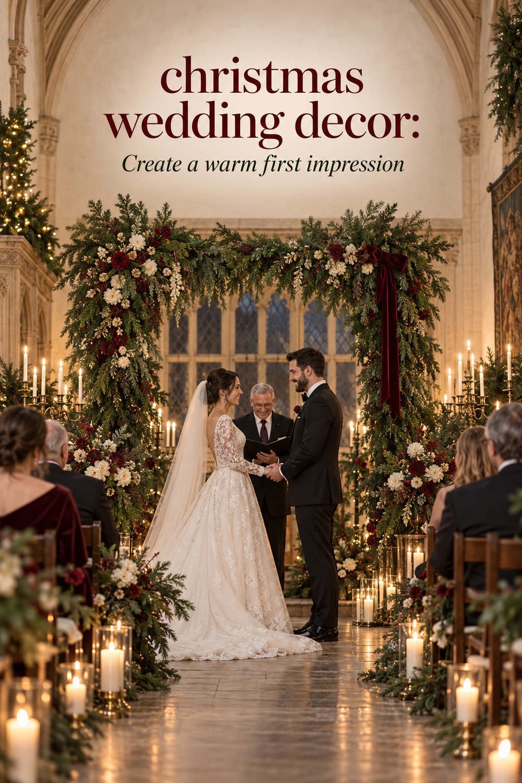 christmas wedding decor evergreen ceremony arch with warm candlelight