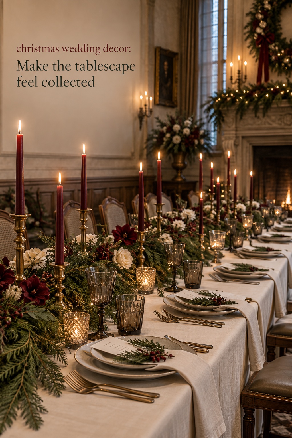 christmas wedding decor elegant evergreen reception tablescape with candles