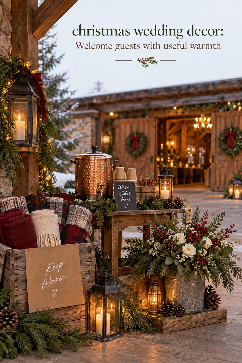 christmas wedding decor woodland welcome station with lanterns and warm cider