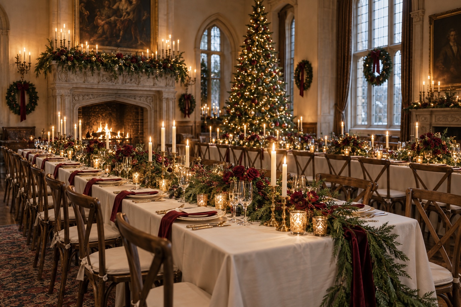 christmas wedding decor elegant candlelit reception with evergreen garlands