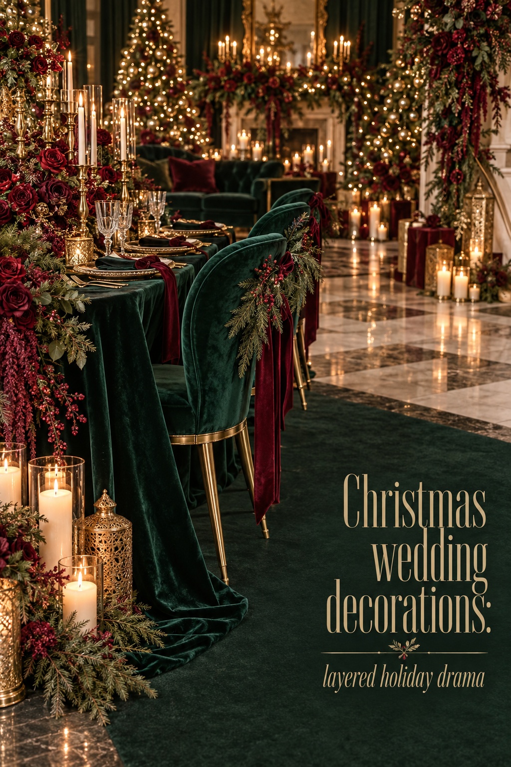 christmas wedding decorations emerald burgundy maximalist reception