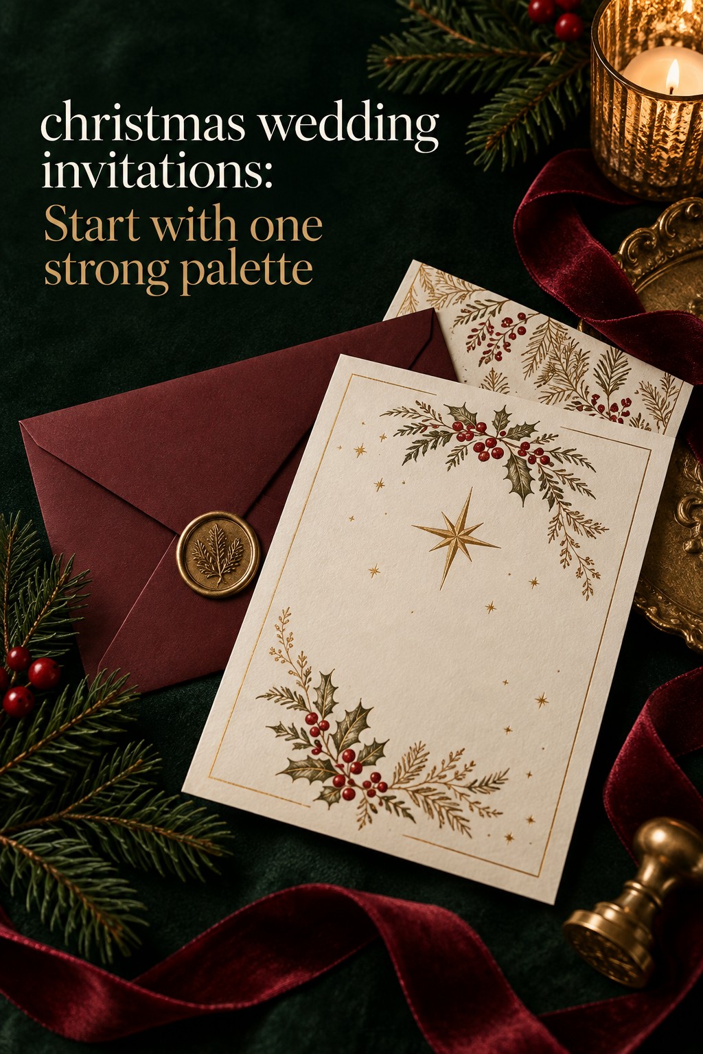christmas wedding invitations in red, green, and gold