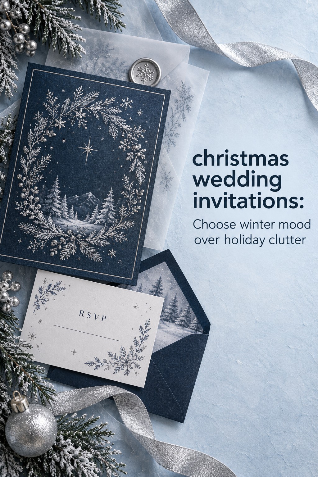 christmas wedding invitations in midnight blue and silver