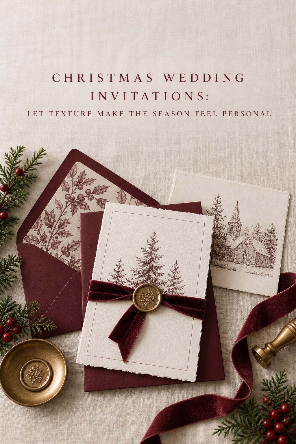 christmas wedding invitations with textured paper and burgundy ribbon