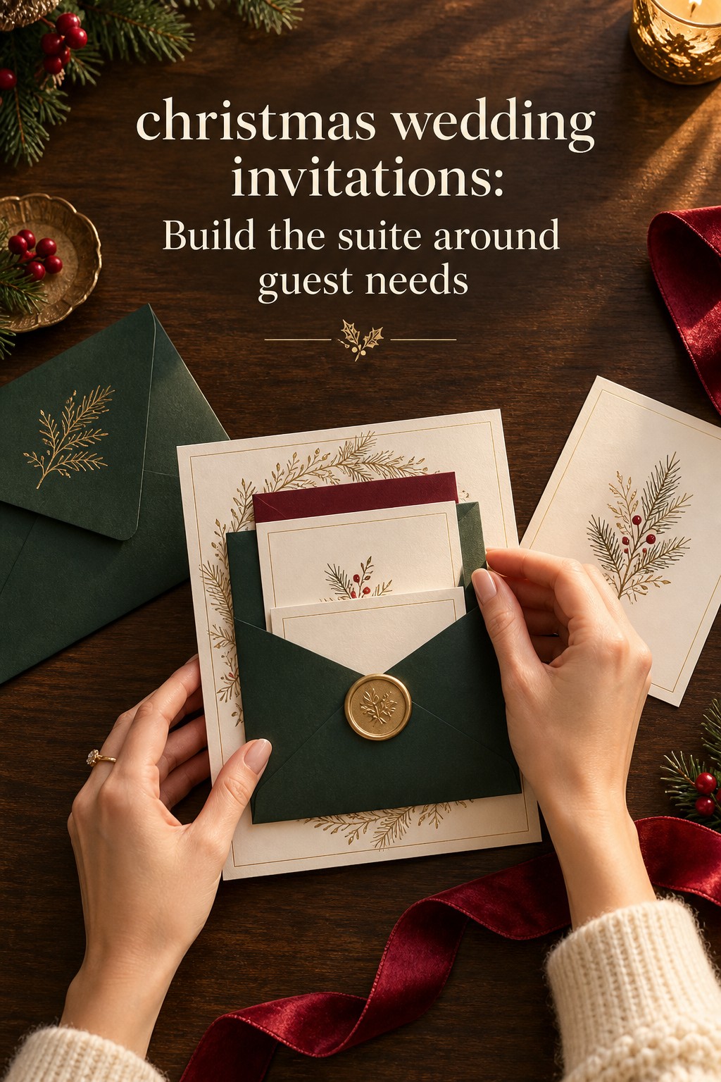 christmas wedding invitations assembled with RSVP and details cards