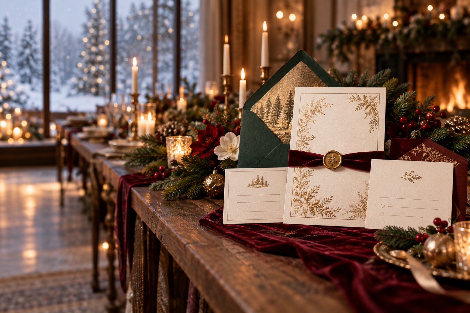 christmas wedding invitations on a candlelit winter wedding table