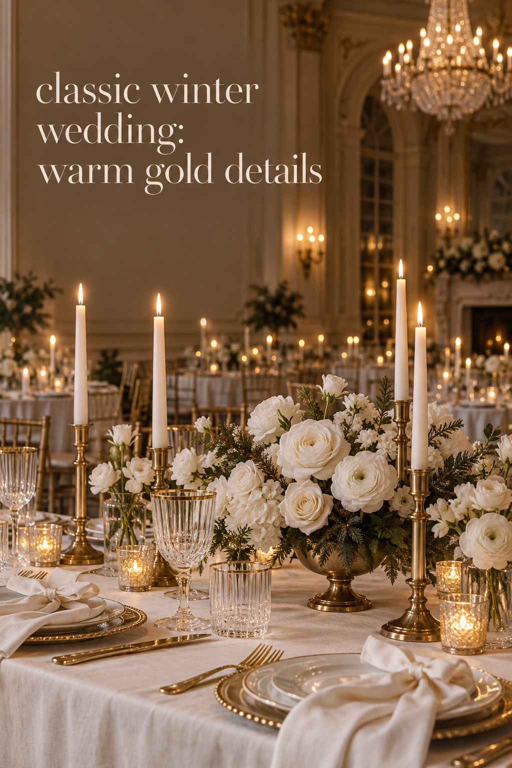 classic winter wedding white and gold table with candlelight