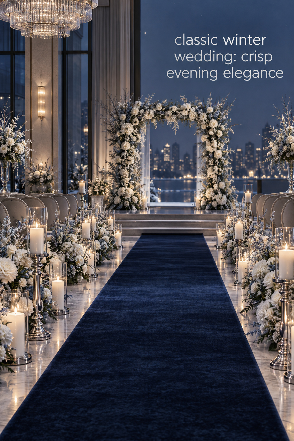 classic winter wedding navy aisle with silver candleholders