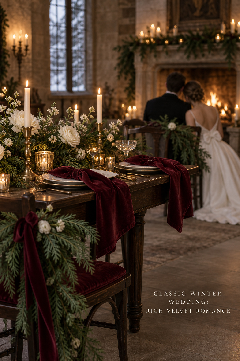 classic winter wedding burgundy velvet and evergreen table