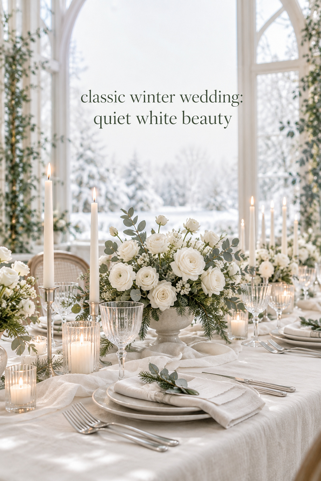 classic winter wedding all-white table with greenery