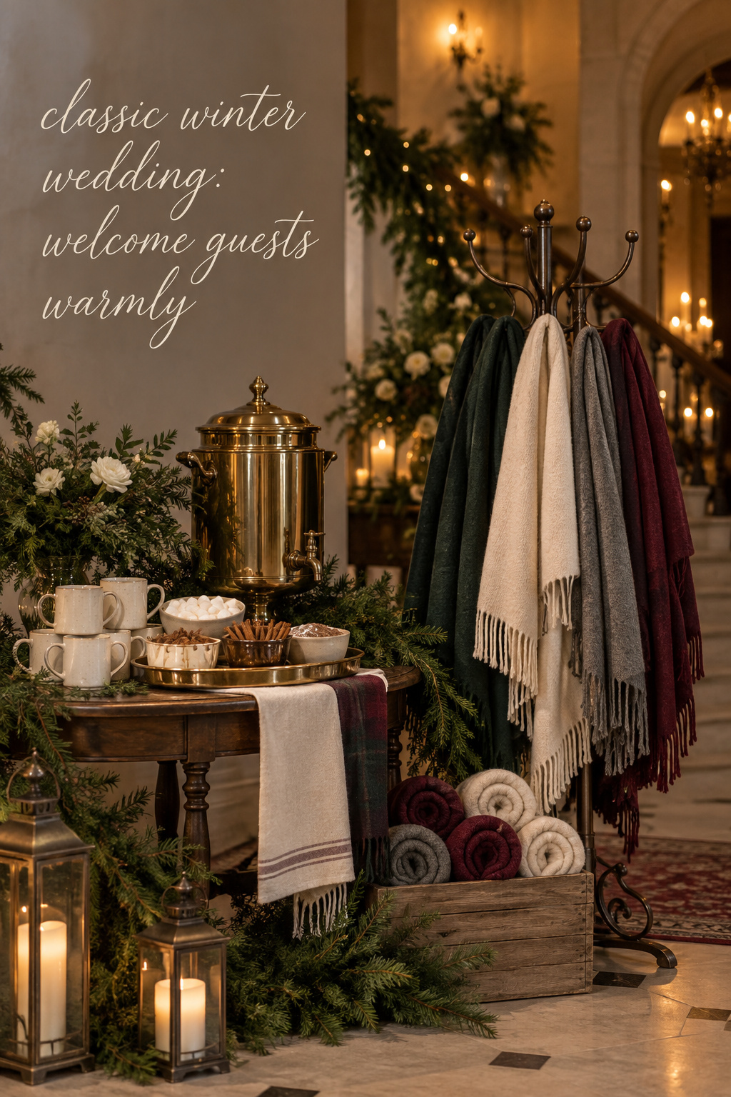 classic winter wedding guest welcome station with warm wraps