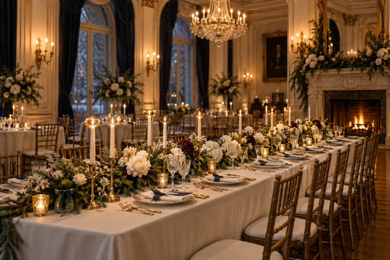 classic winter wedding reception with ivory flowers and candlelight