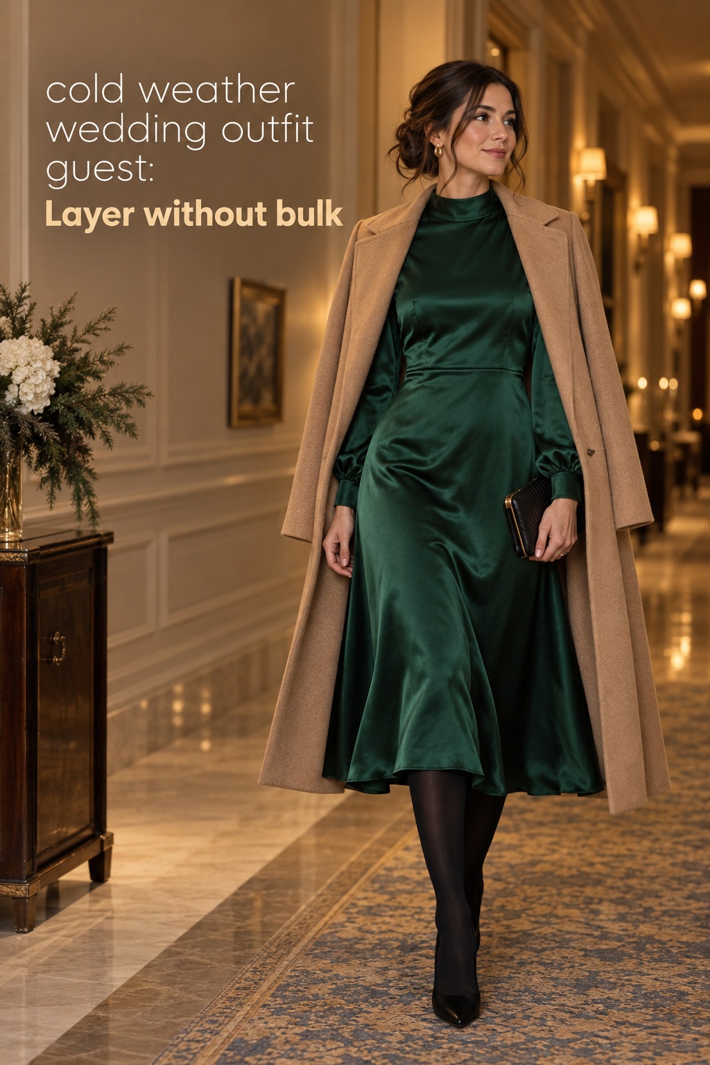 cold weather wedding outfit guest in emerald satin and camel coat
