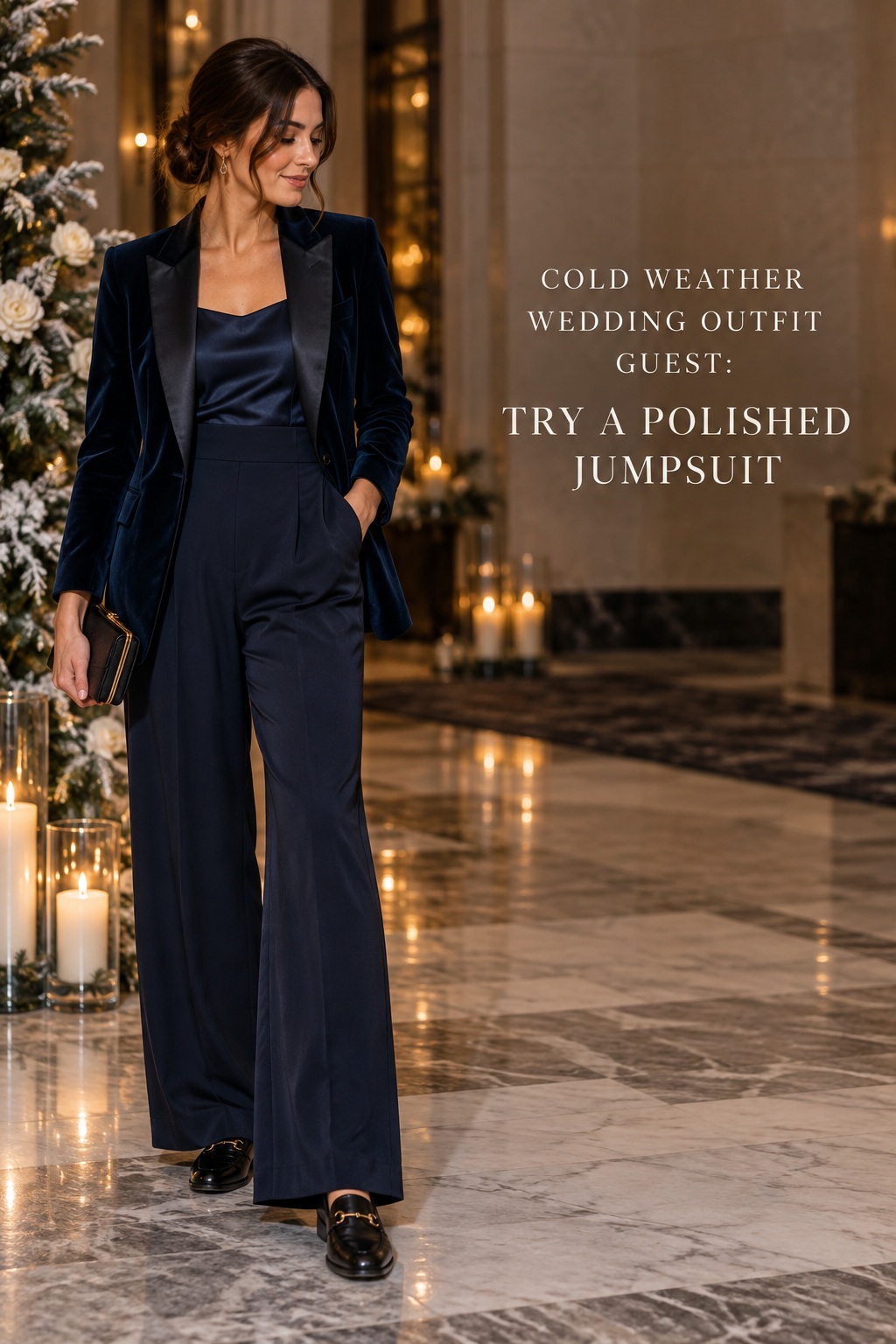 cold weather wedding outfit guest in navy velvet tailoring