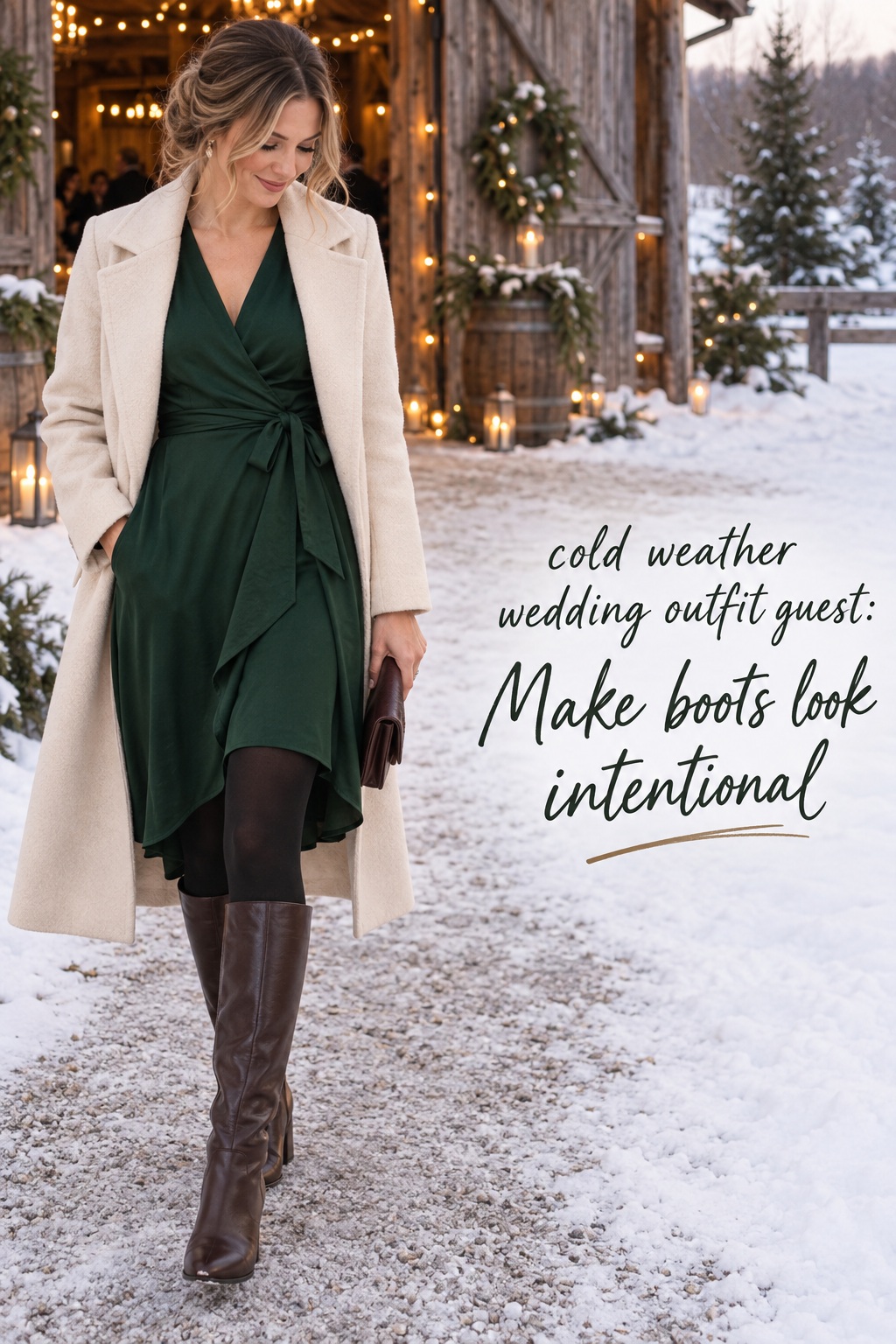 cold weather wedding outfit guest in green wrap dress and boots