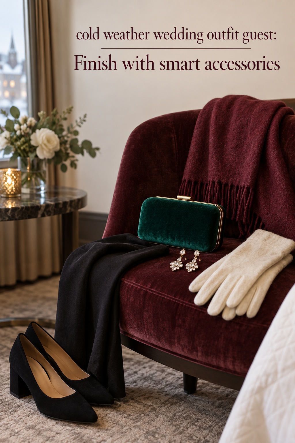 cold weather wedding outfit guest accessories with wrap and clutch