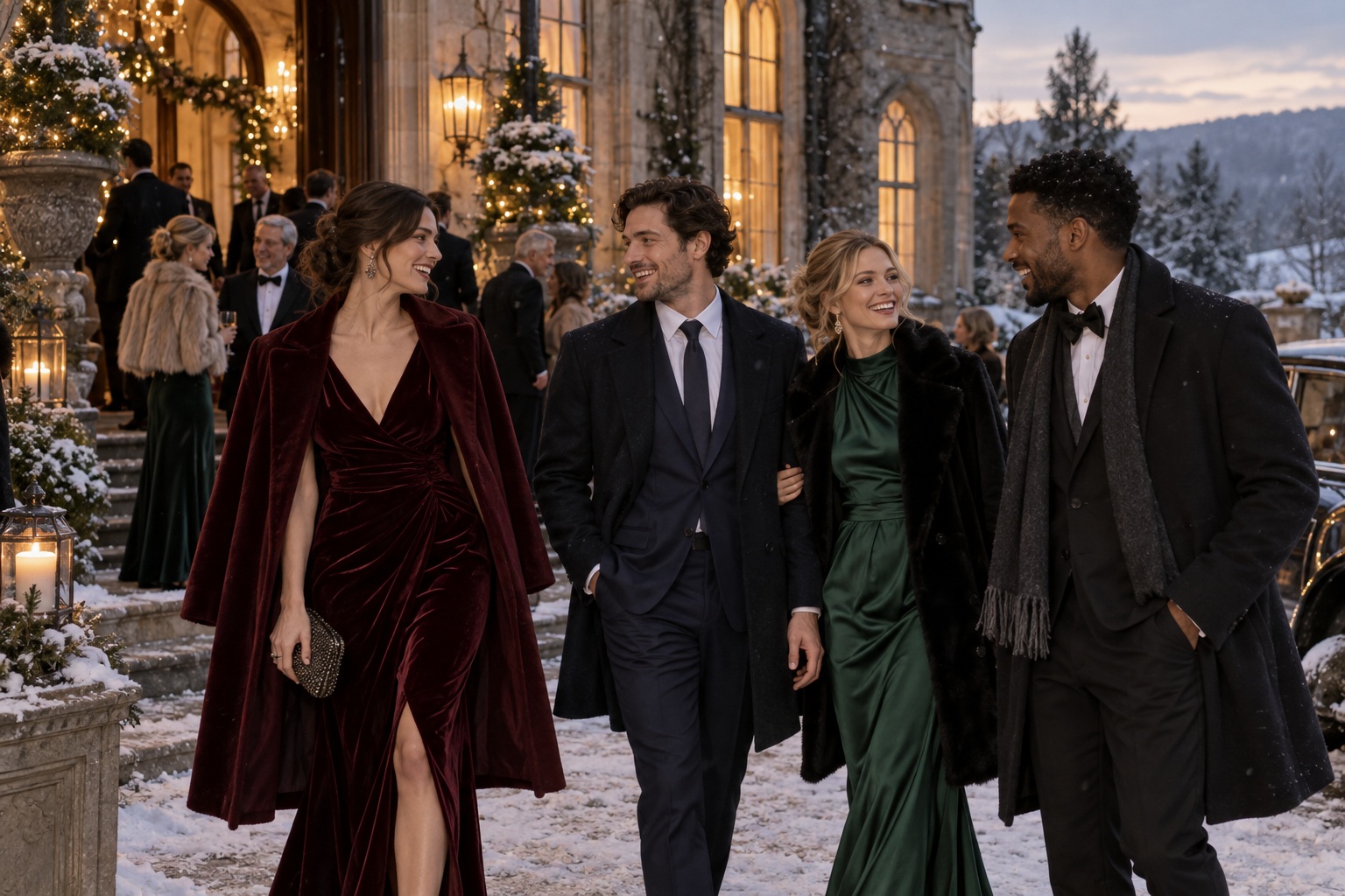 cold weather wedding outfit guest styles outside a winter venue