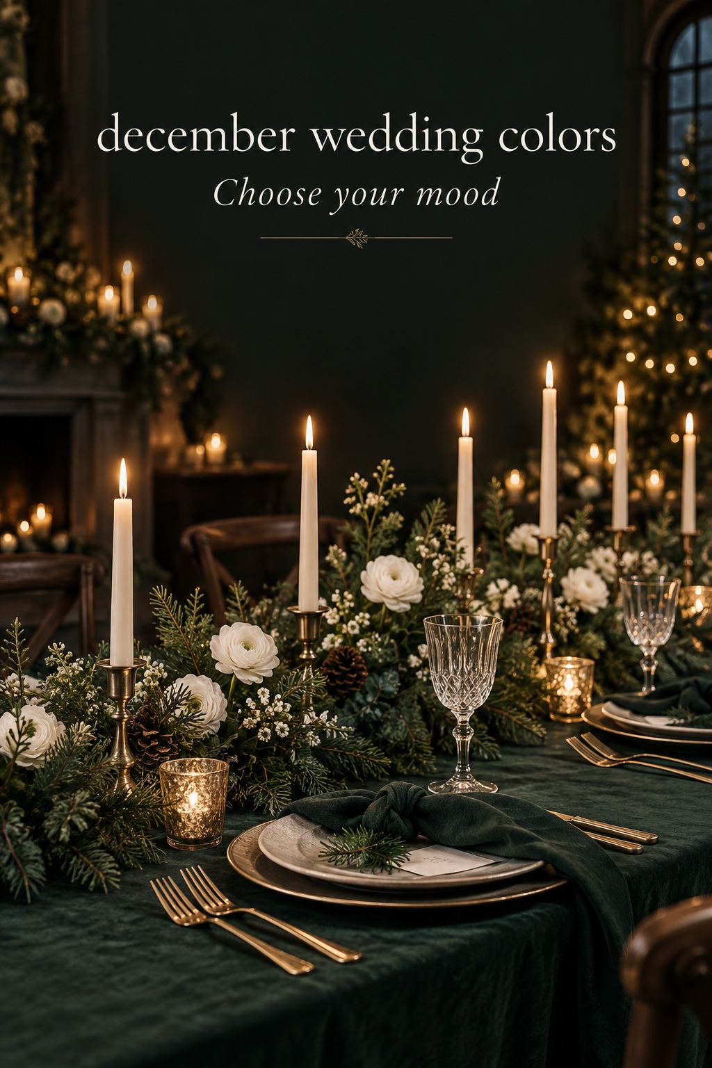 December wedding colors in evergreen, ivory, and muted gold tablescape