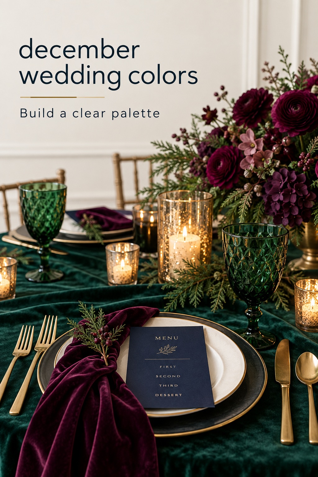 December wedding colors with emerald, navy, plum, and gold reception details