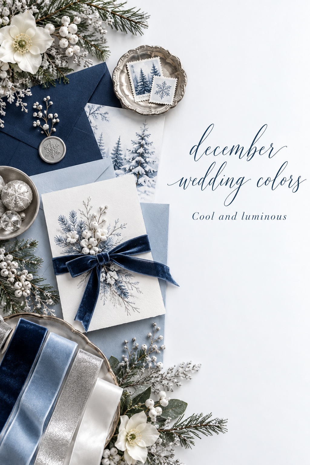 December wedding colors in midnight blue, ice blue, silver, and white stationery