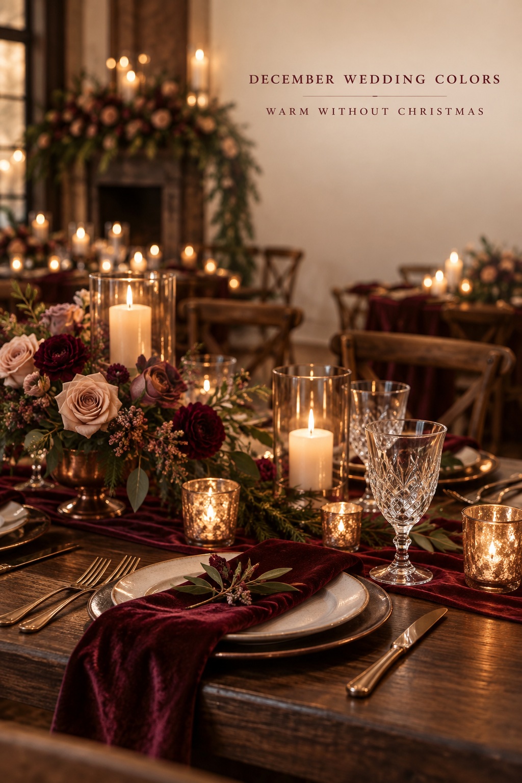 December wedding colors with burgundy, copper, blush, and dark wood details