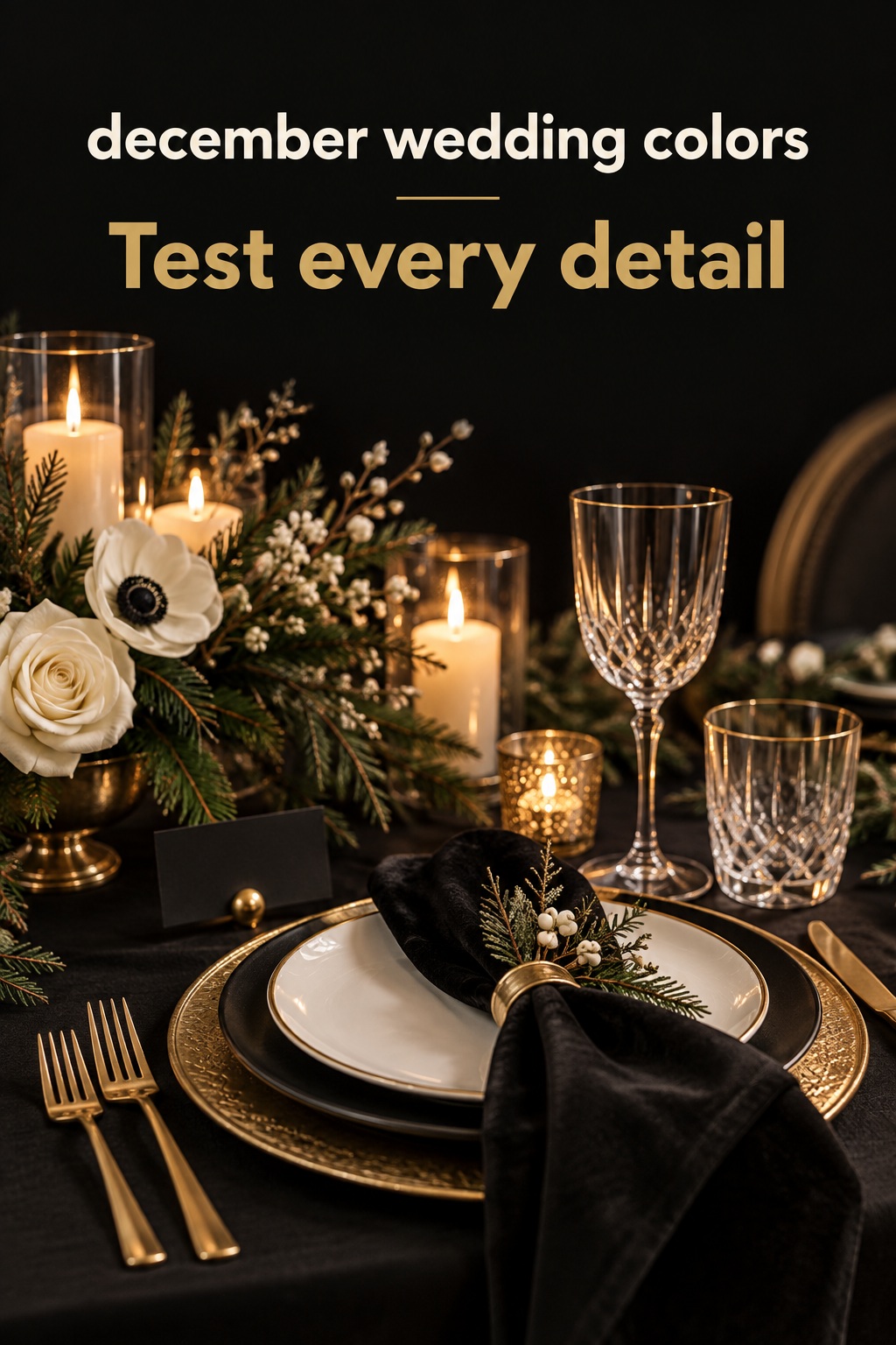 December wedding colors in black, ivory, and antique gold place setting