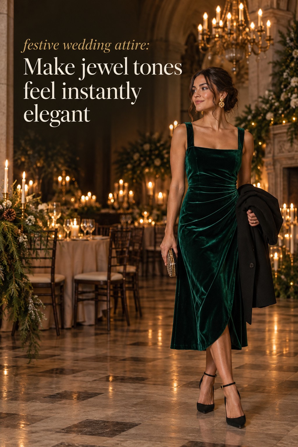 festive wedding attire in an emerald velvet midi dress