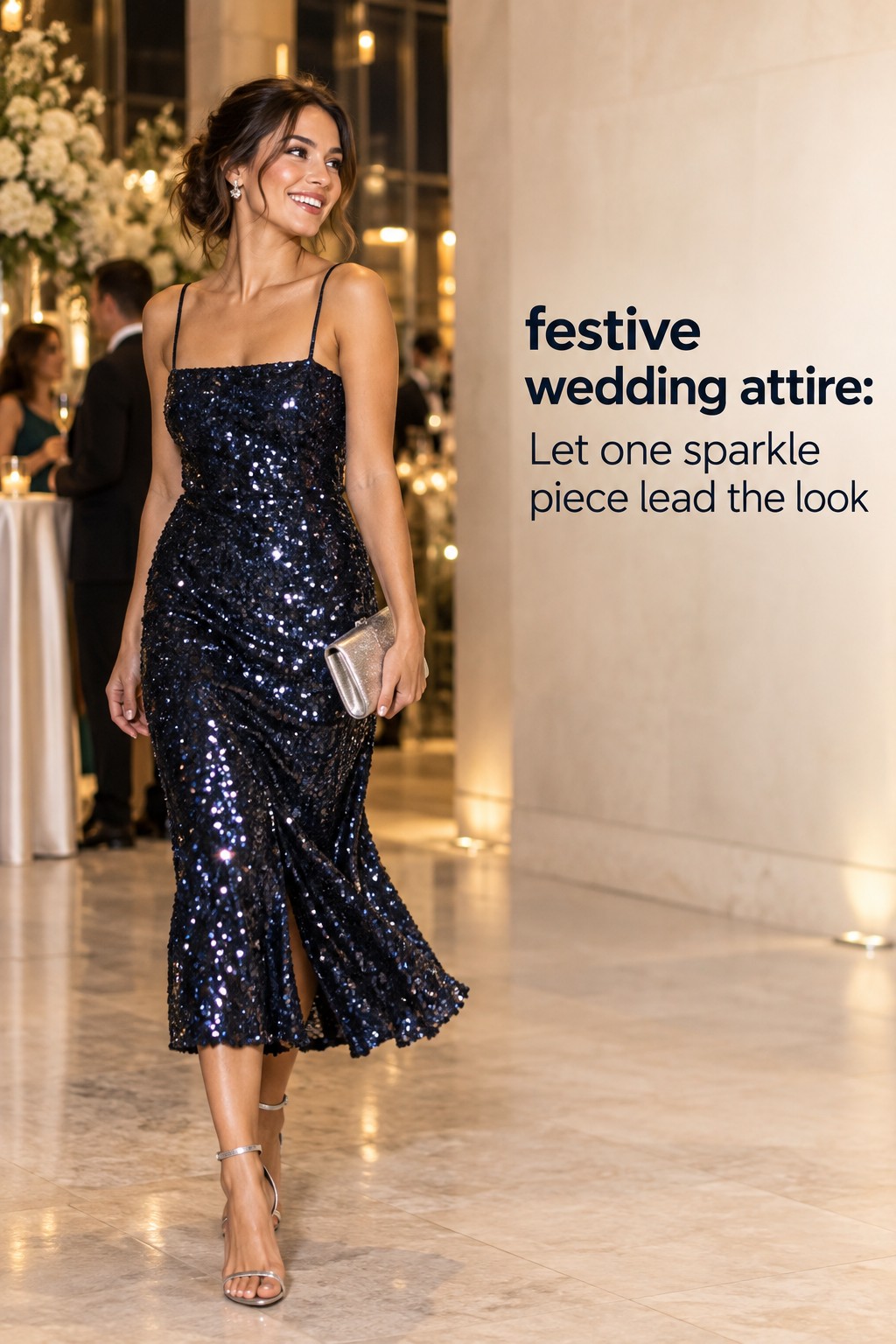 festive wedding attire in a navy sequin midi dress
