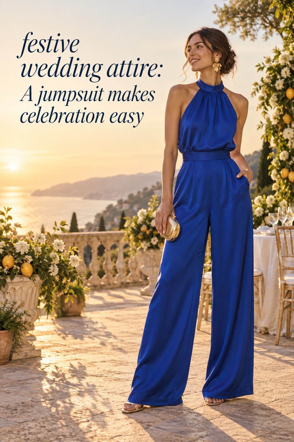 festive wedding attire in a cobalt silk jumpsuit
