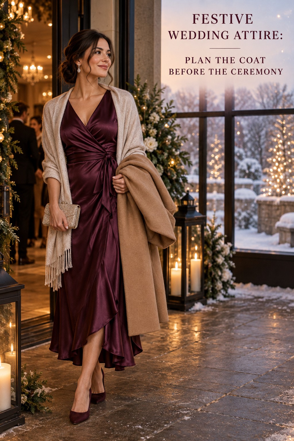 festive wedding attire with a plum dress and tailored coat