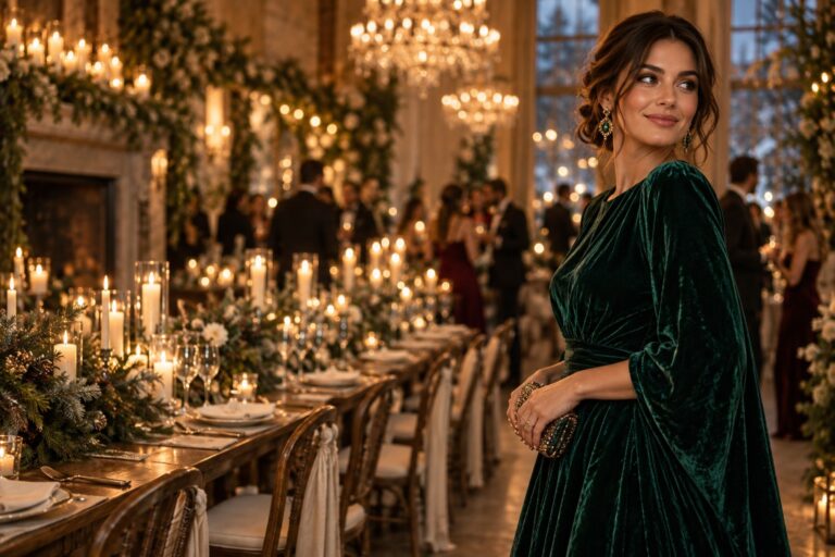 festive wedding attire at a candlelit wedding reception