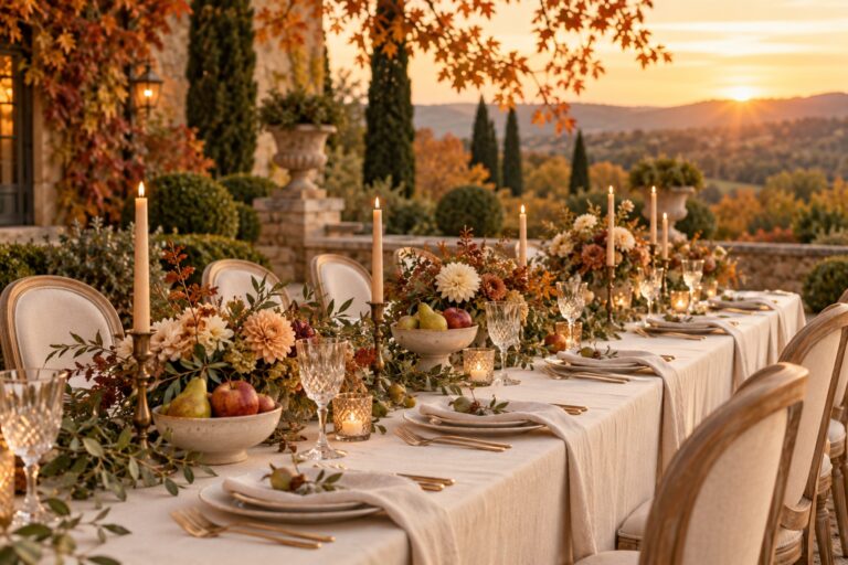 October wedding ideas elegant harvest reception table with fruit, flowers and candlelight