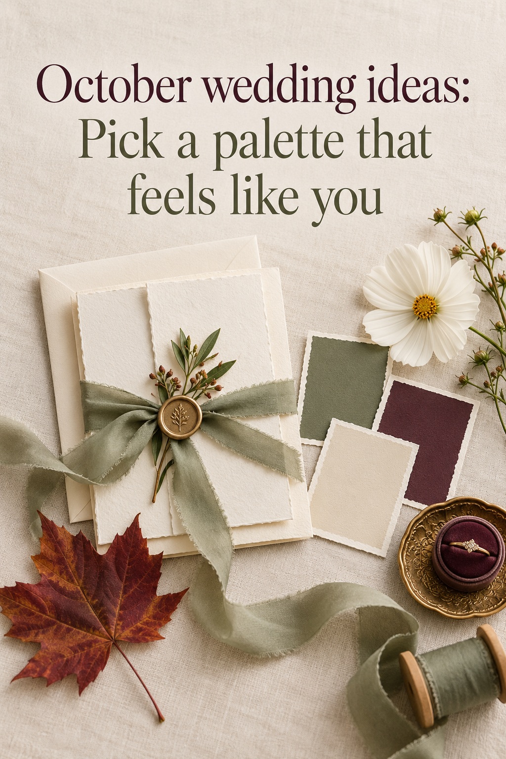 October wedding ideas palette flat lay with paper, fabric, foliage and flowers