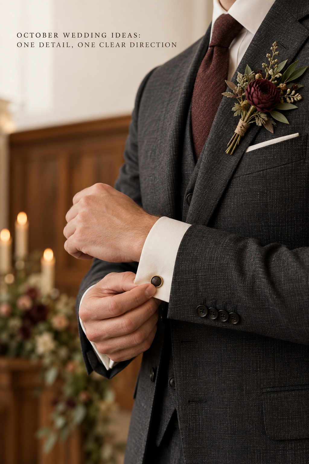 October wedding ideas close-up charcoal suit cuff and burgundy boutonniere