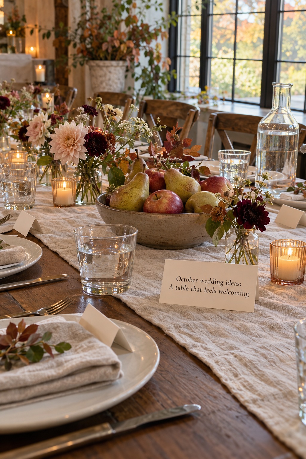 October wedding ideas candid harvest reception table with pears and flowers