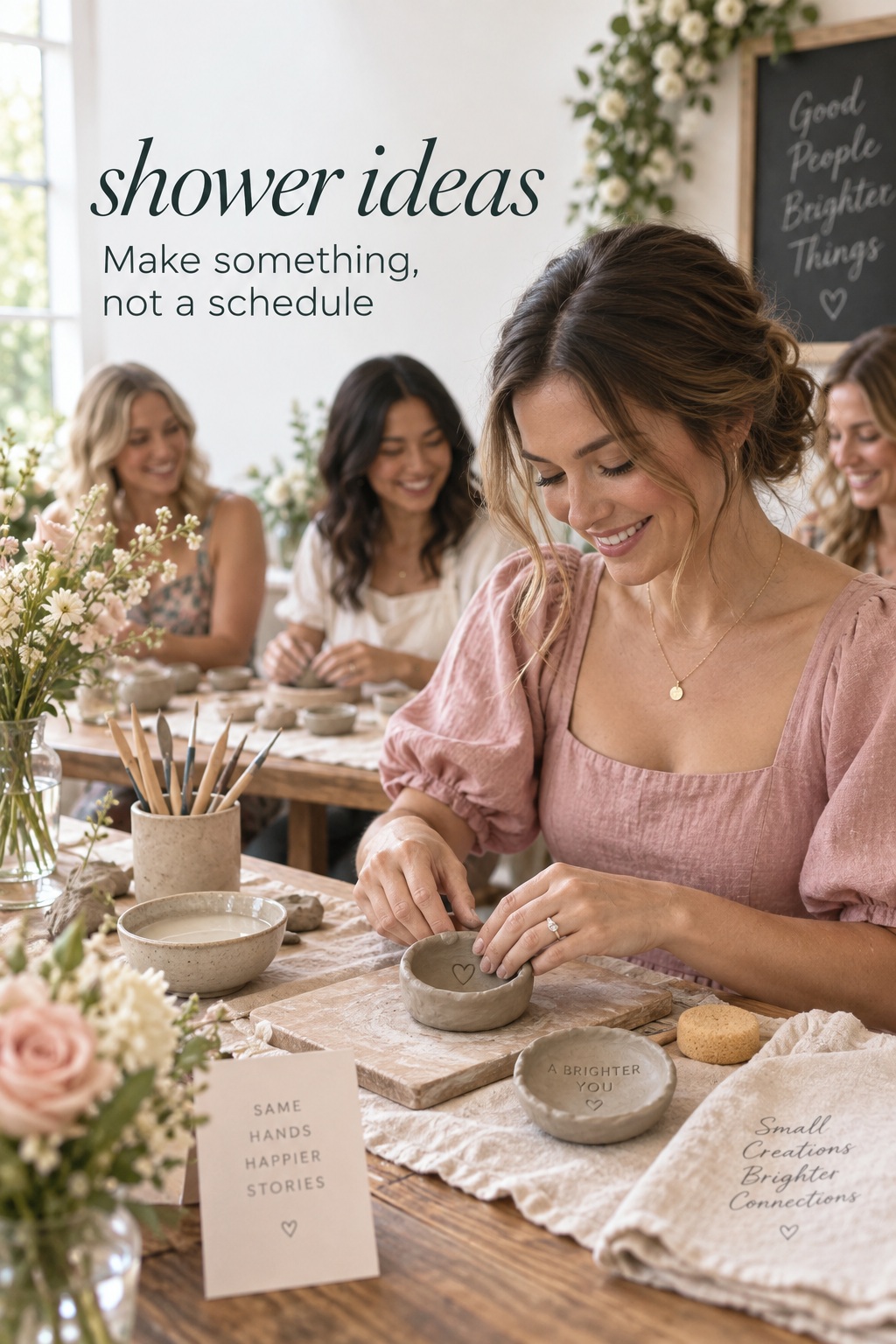shower ideas at a beginner friendly ceramics class with a guest in a detailed outfit