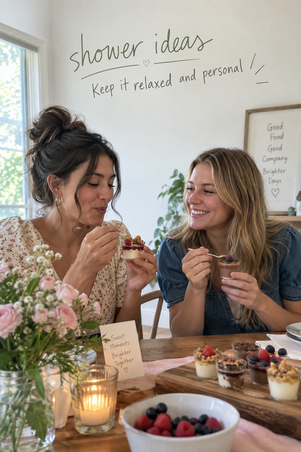 shower ideas in a candid dessert tasting moment with guests sharing small treats