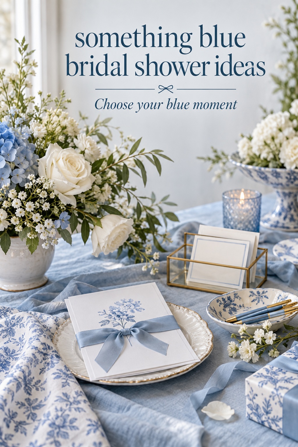 Something blue bridal shower ideas in an ivory table setting with a blue ribboned invitation