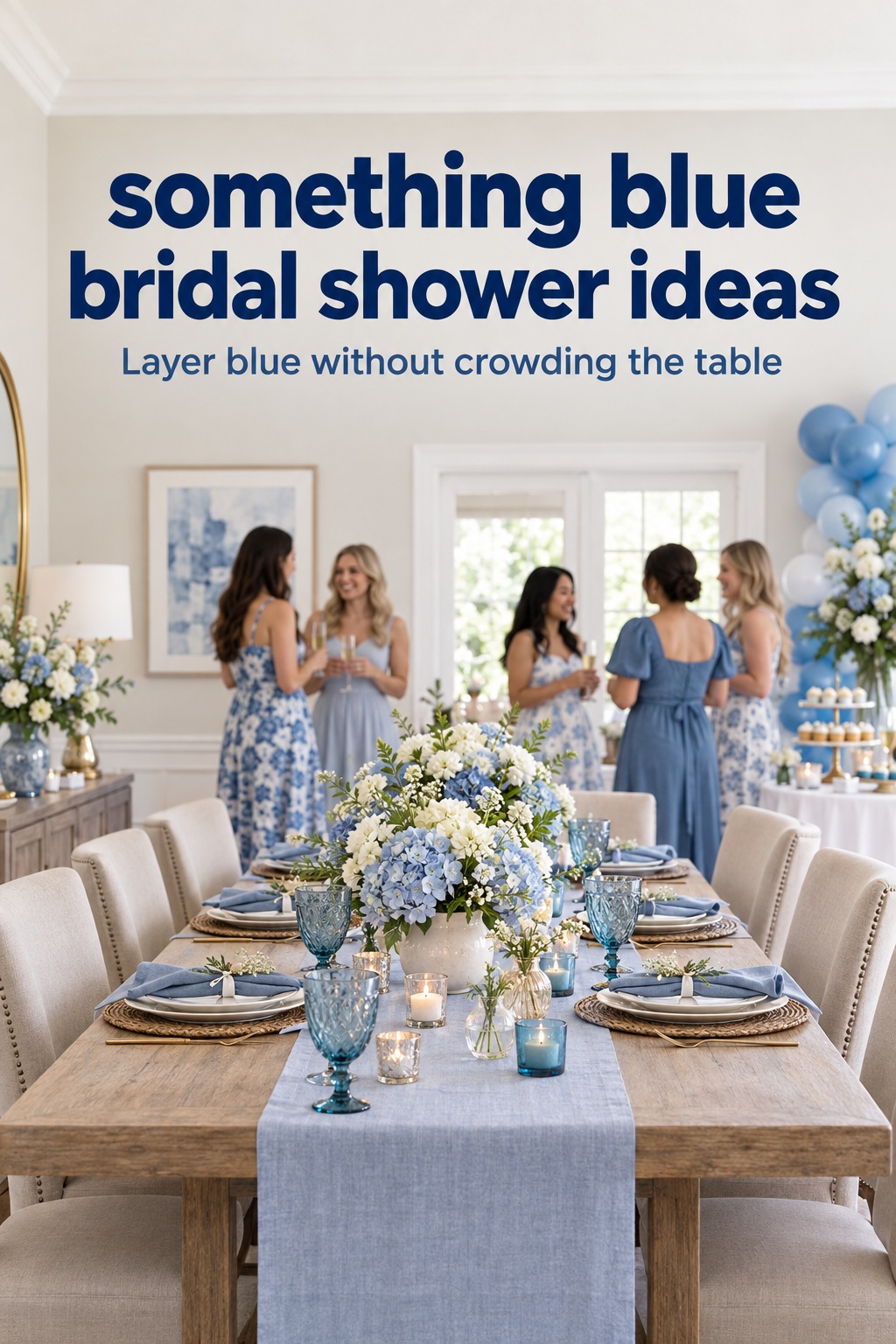 Something blue bridal shower ideas styled in a small room with restrained blue accents and guests