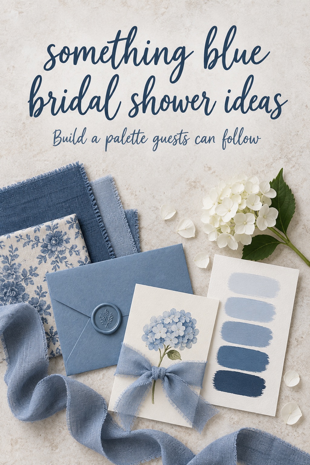 Something blue bridal shower ideas shown through blue fabric swatches and ivory invitation samples