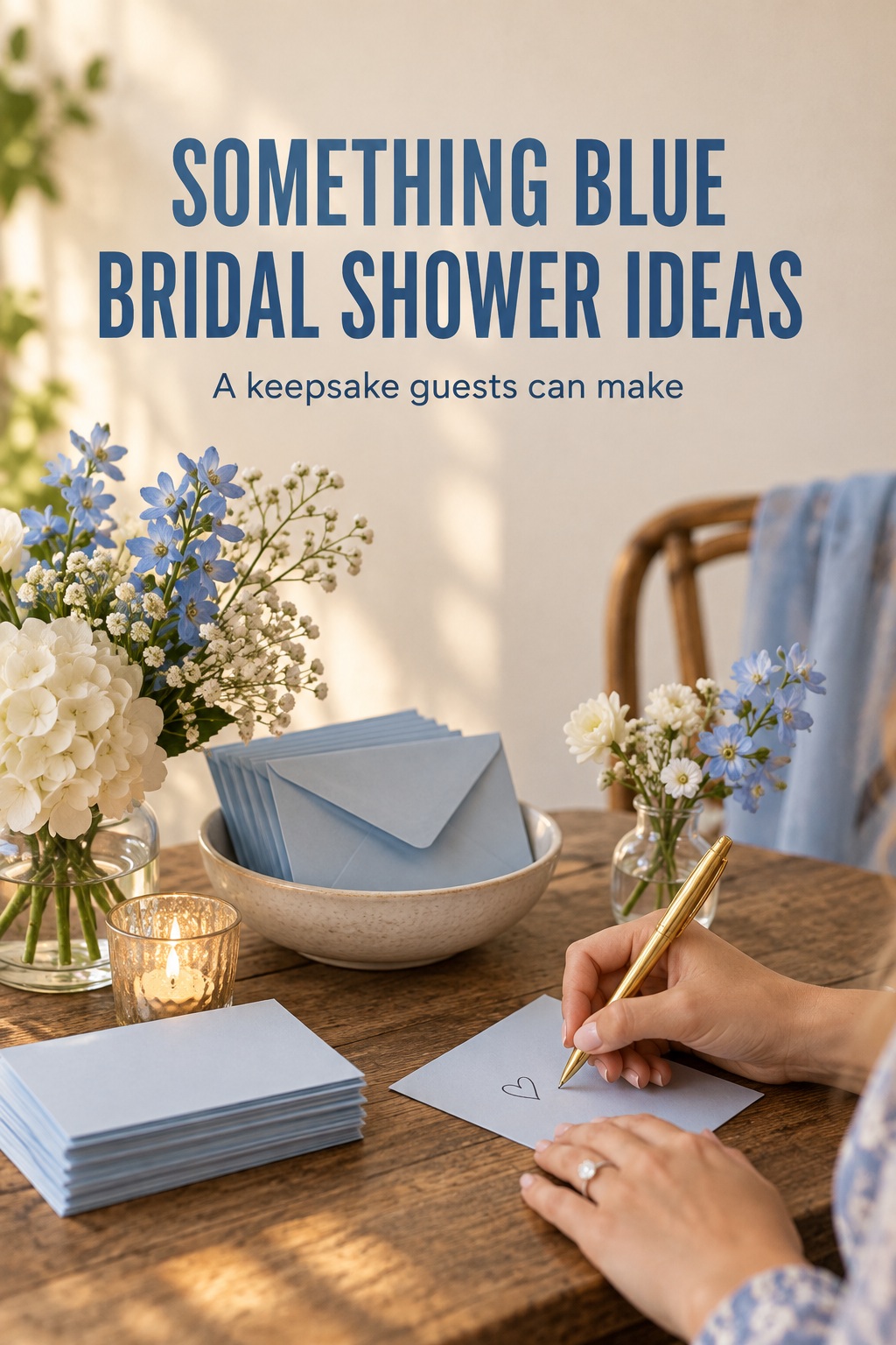 Something blue bridal shower ideas with guests writing wishes on blue keepsake cards