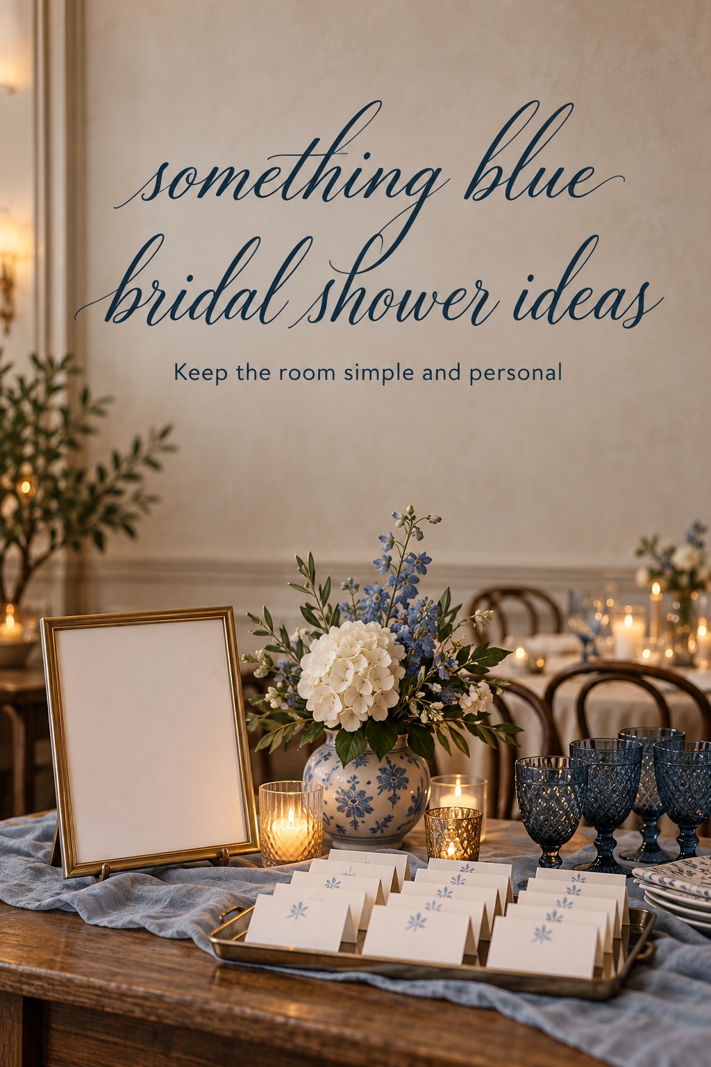 Something blue bridal shower ideas on a simple welcome table with blue glassware and white flowers
