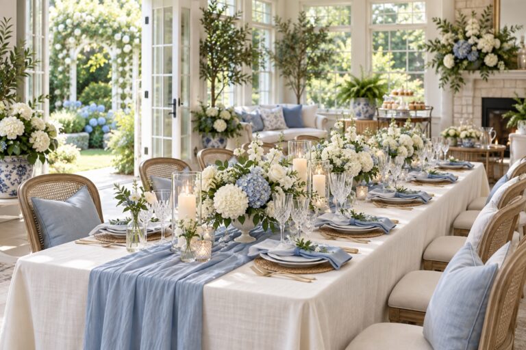 Elegant Something Blue bridal shower table with ivory linens, pale blue runner, flowers, and glassware