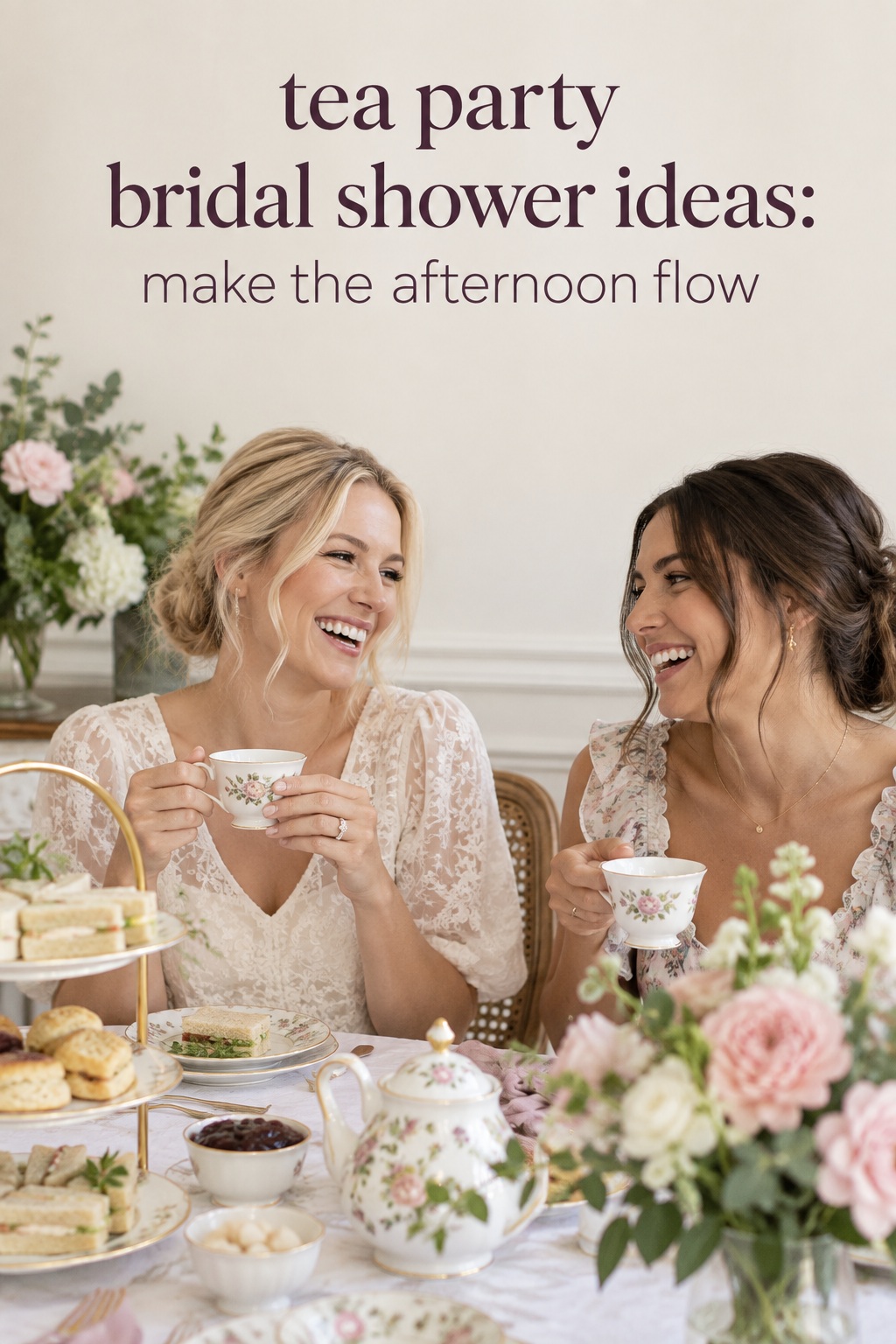 Tea party bridal shower ideas with the bride and a guest sharing tea