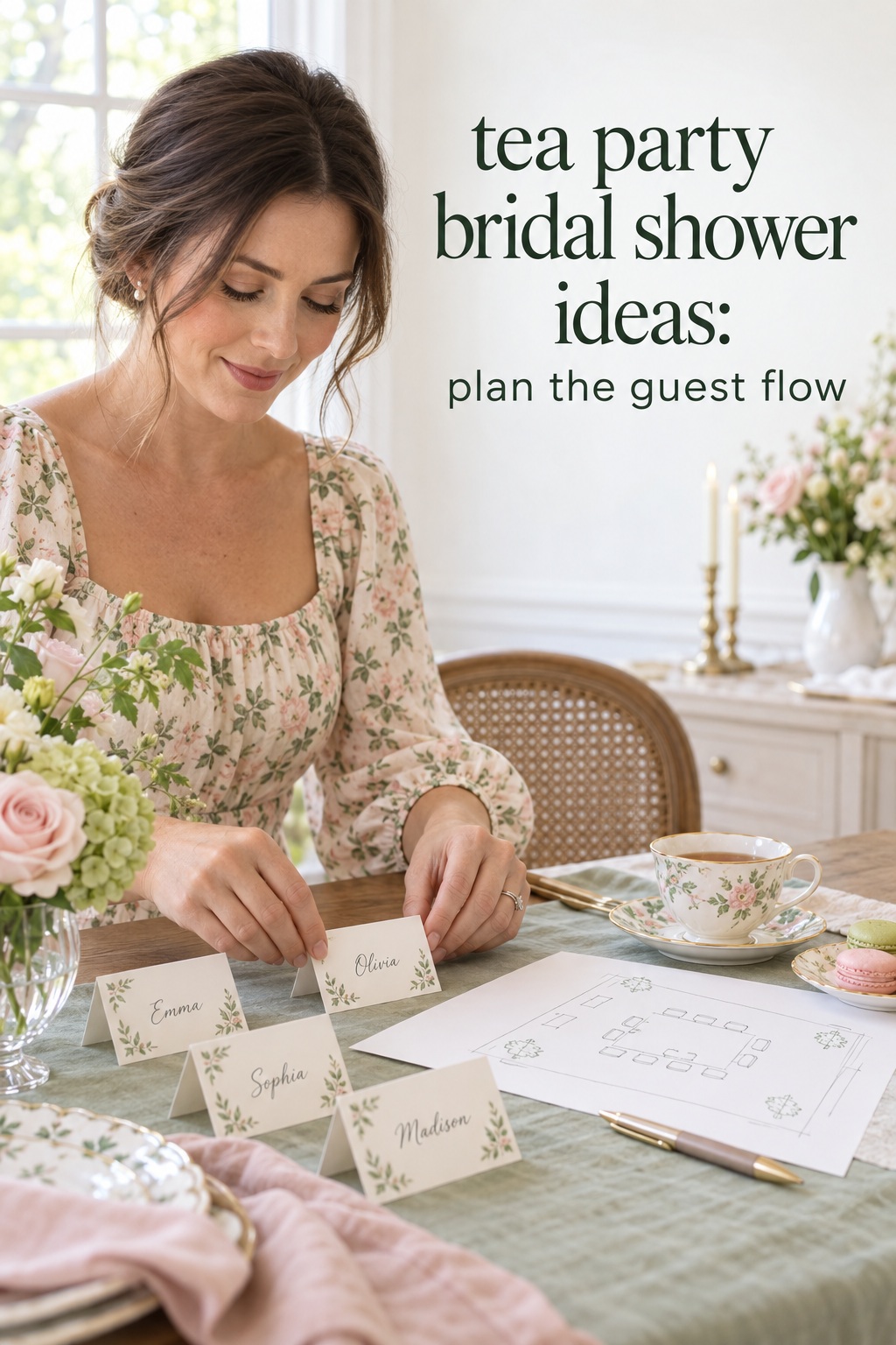Tea party bridal shower ideas planned with place cards and a room layout