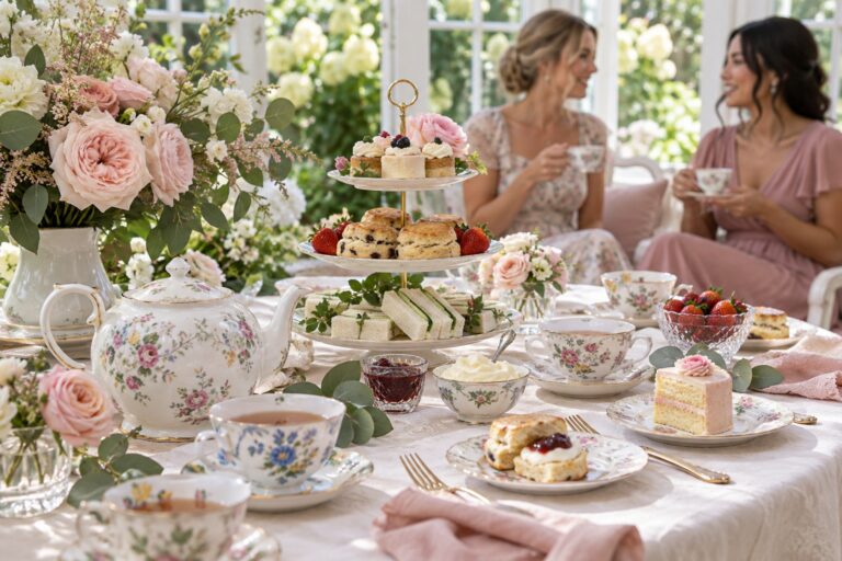 Tea party bridal shower ideas arranged on a garden-room tea table