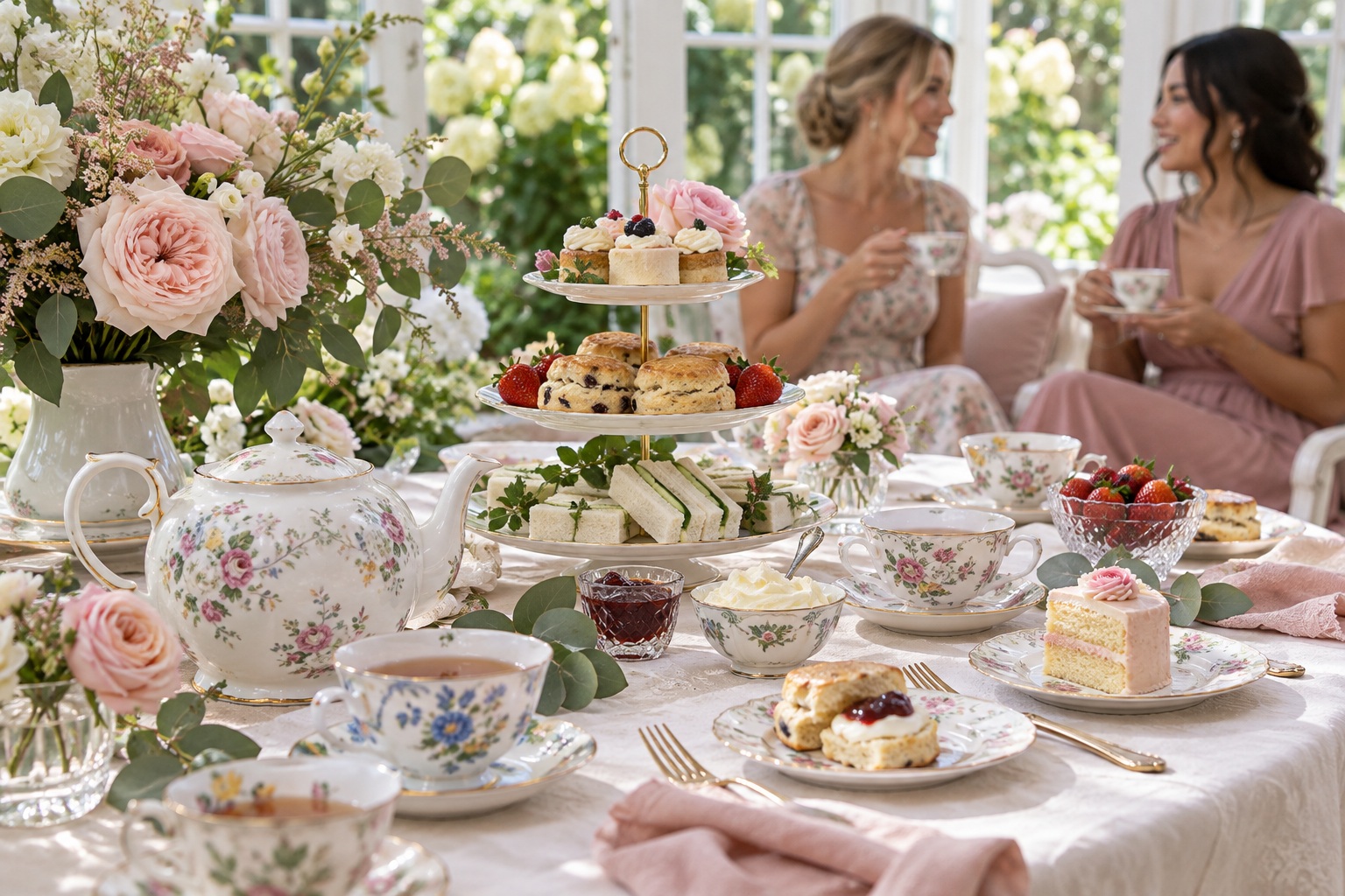 Tea party bridal shower ideas arranged on a garden-room tea table